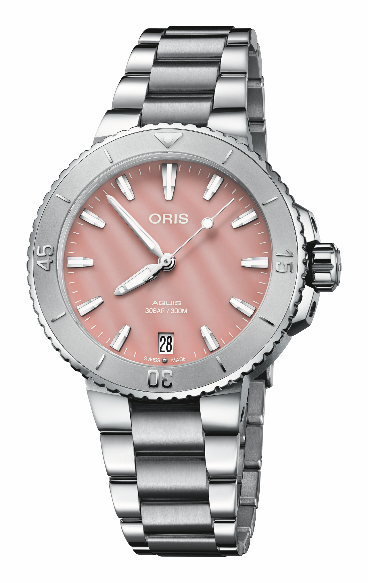 Oris Aquis Date 36.5mm, multi-piece stainless steel case, red mother-of-pearl ladies' watch 01 733 7770 4158-07 8 18 05P