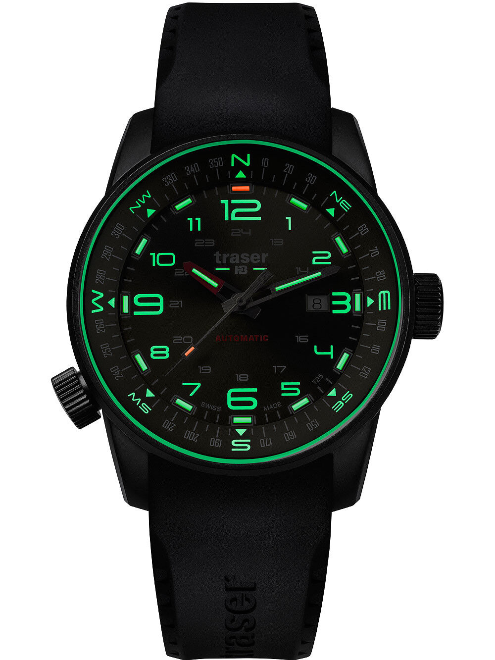 110457_frontal_rubber_evening Traser H3 P68 Pathfinder Automatic Green Herrenuhr 110457