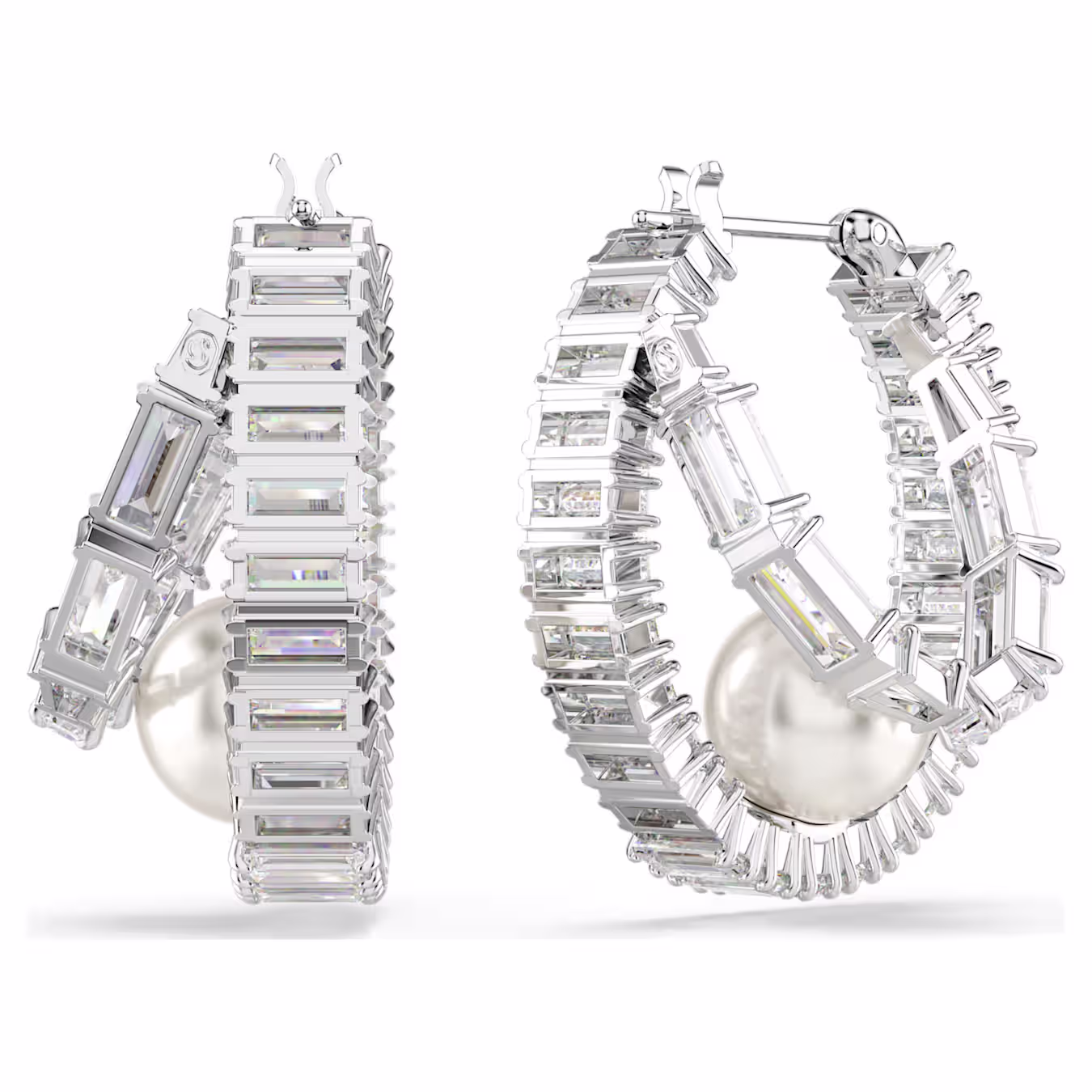 Swarovski Creolen Ariana Grande x Swarovski Kristallperle, Baguette-Schliff, Weiß, Rhodiniert