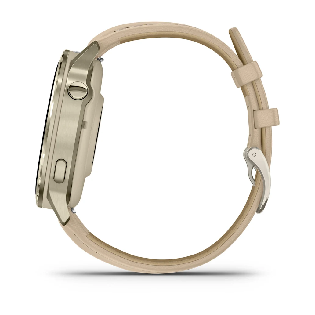 Garmin Venu® 4 - 41 mm Beige/Lunargold mit Schnellwechsel-Leder-Armband 18 mm Heller Sand Unisexuhr 010-03013-03
