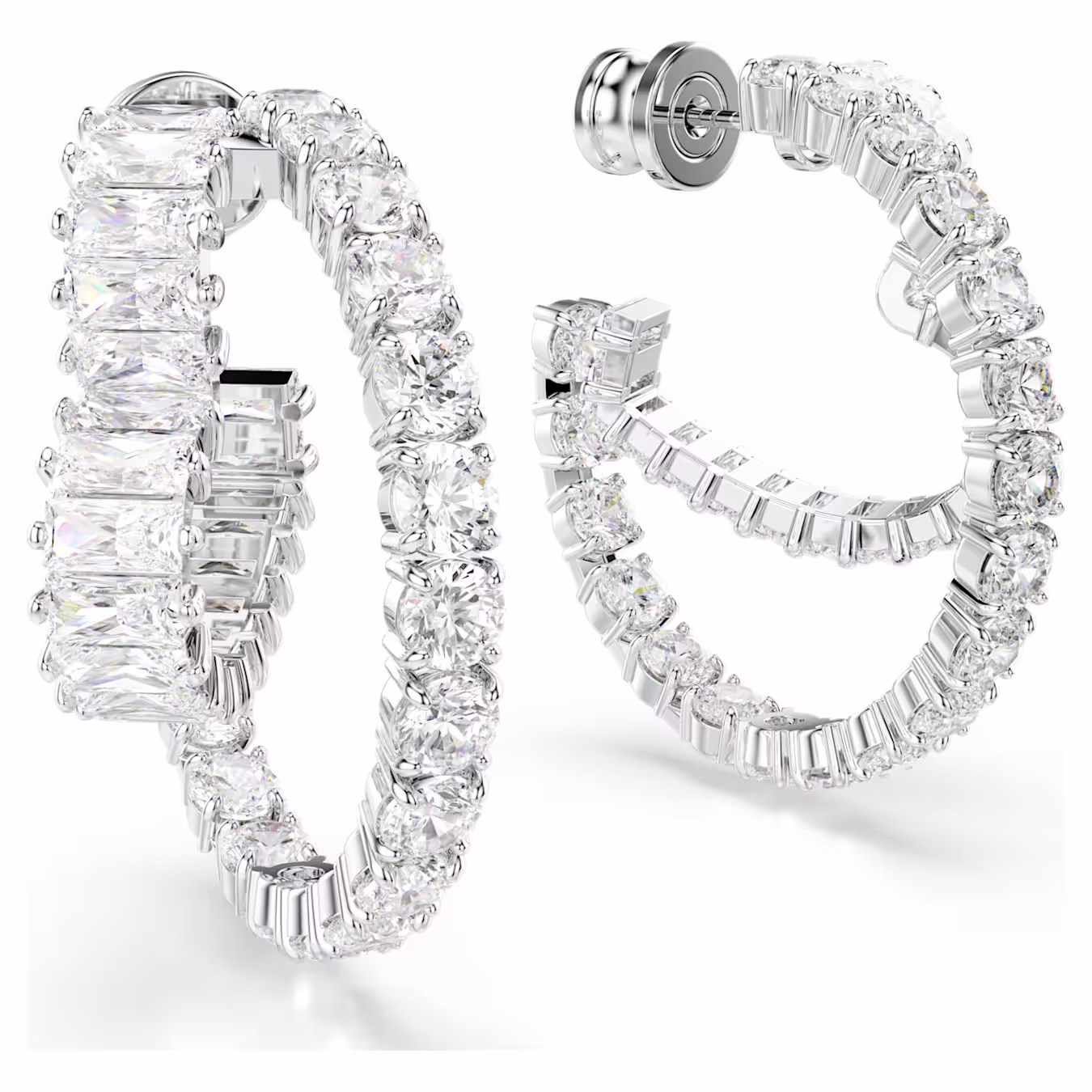 Swarovski Matrix hoop earrings, various cuts, heart, white, rhodium-plated