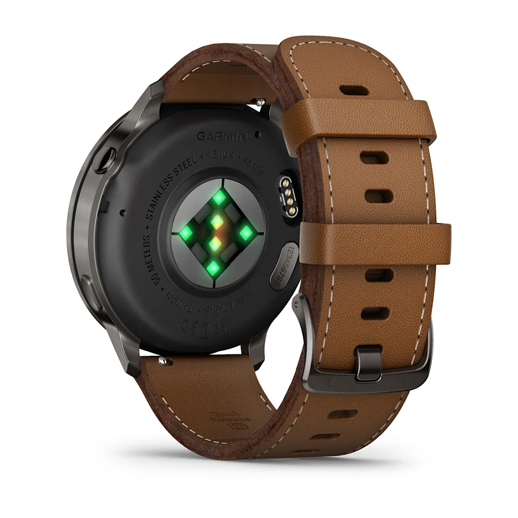Garmin Venu® 4 - 45 mm Schwarz/Schiefergrau mit Schnellwechsel-Leder-Armband 22 mm Dunkelbraun Unisexuhr 010-03014-03