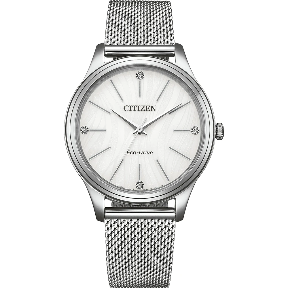 Citizen Eco-Drive Analog Quartz Edelstahl weiß, 34mm, Milanaiseband Damenuhr EM1220-82A