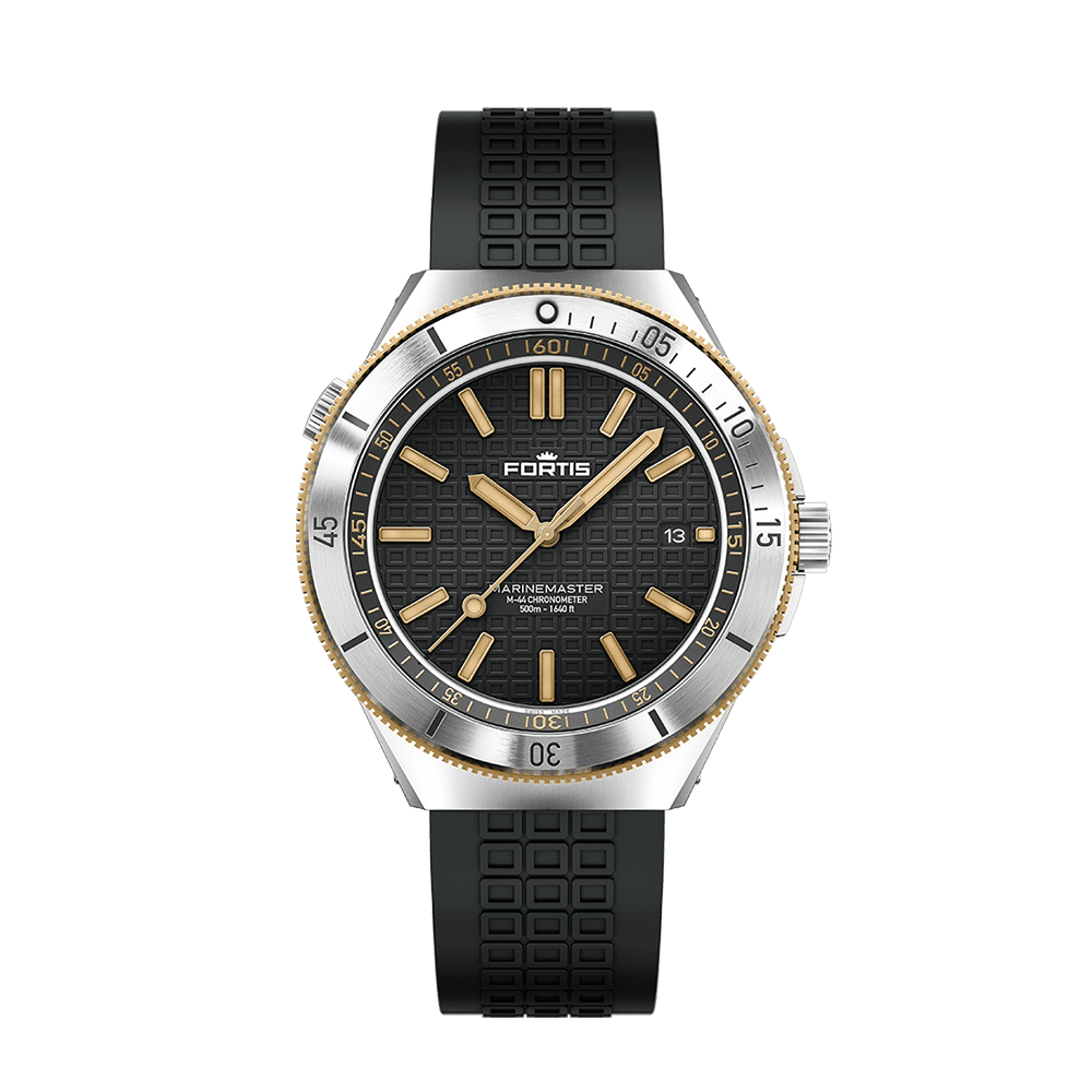 F8120017_M44_BlackResin_HorizonStrap_Front-featured Fortis Marinemaster M-44 Black Resin Gold Men's Watch F8120015