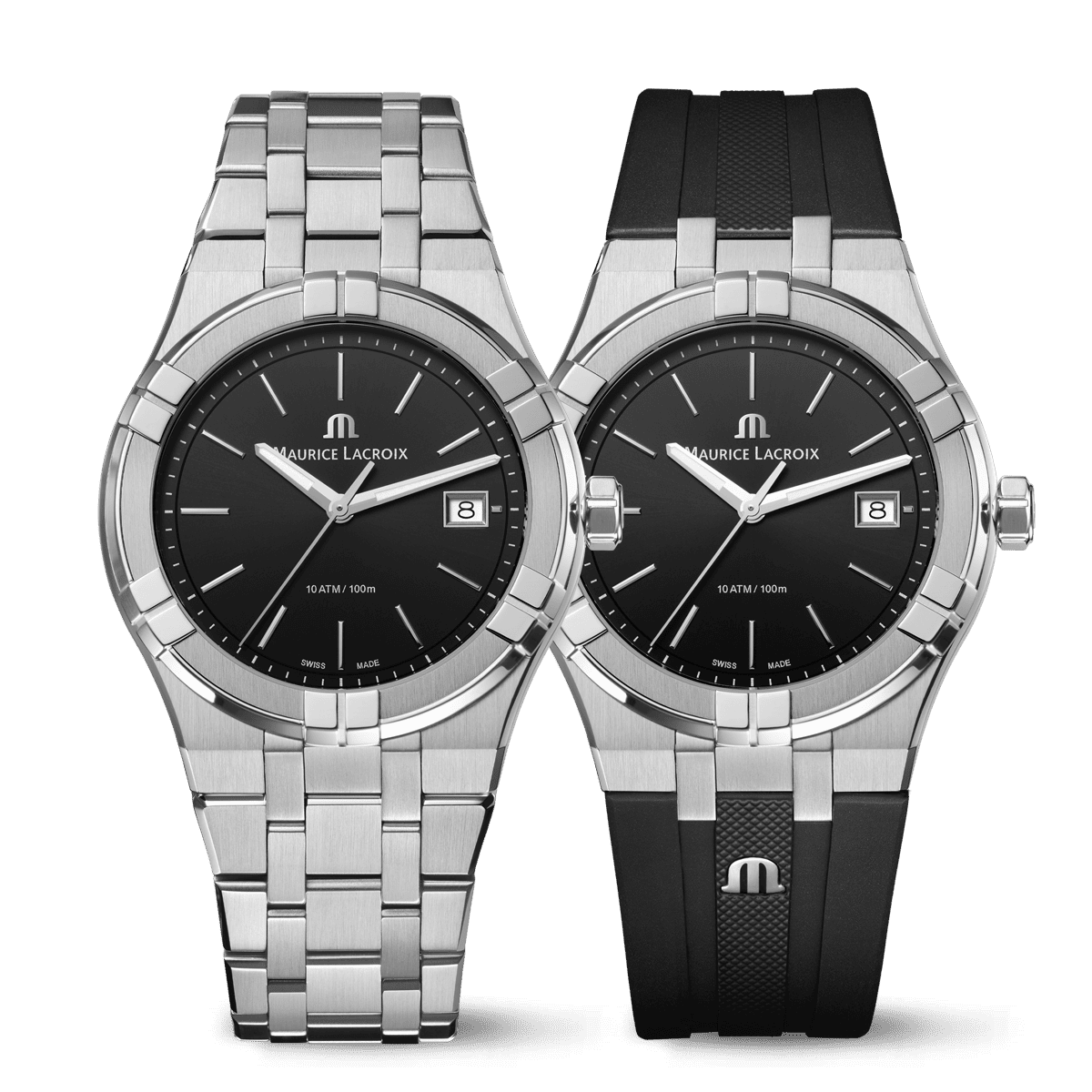 Maurice Lacroix Aikon Quartz Date 40mm, Black, including spare strap, rubber and stainless steel men's watch AI1108-SS00F-330-A