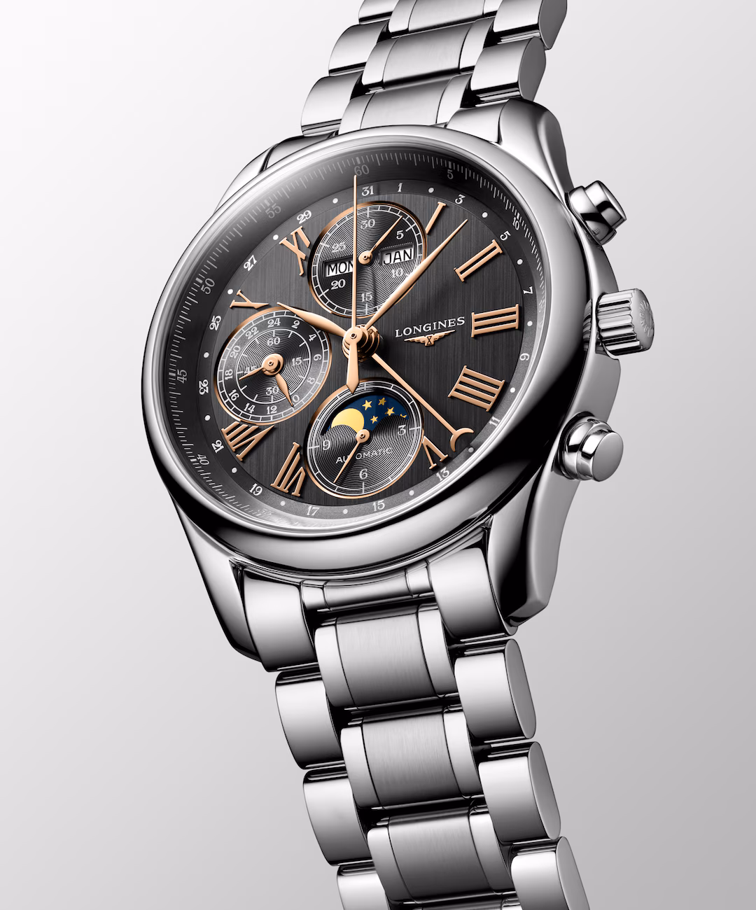 Longines Master Chrono Mondphase Edelstahlband Anthrazit Herrenuhr L2.673.4.61.6