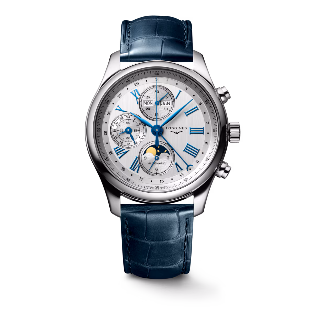 Longines Master Collection Chrono Mondphase Silber Lederband Herrenuhr L2.773.4.71.2