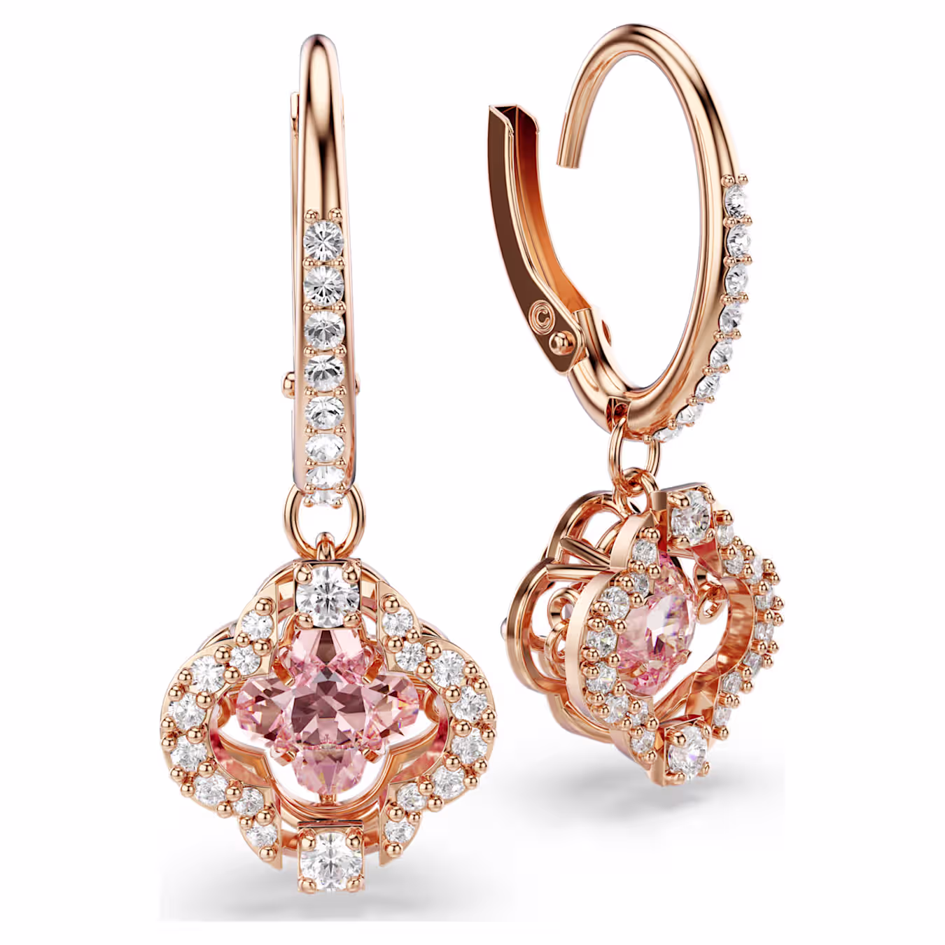 Swarovski Una drop earrings lucky clover, pink, 18k rose gold plated