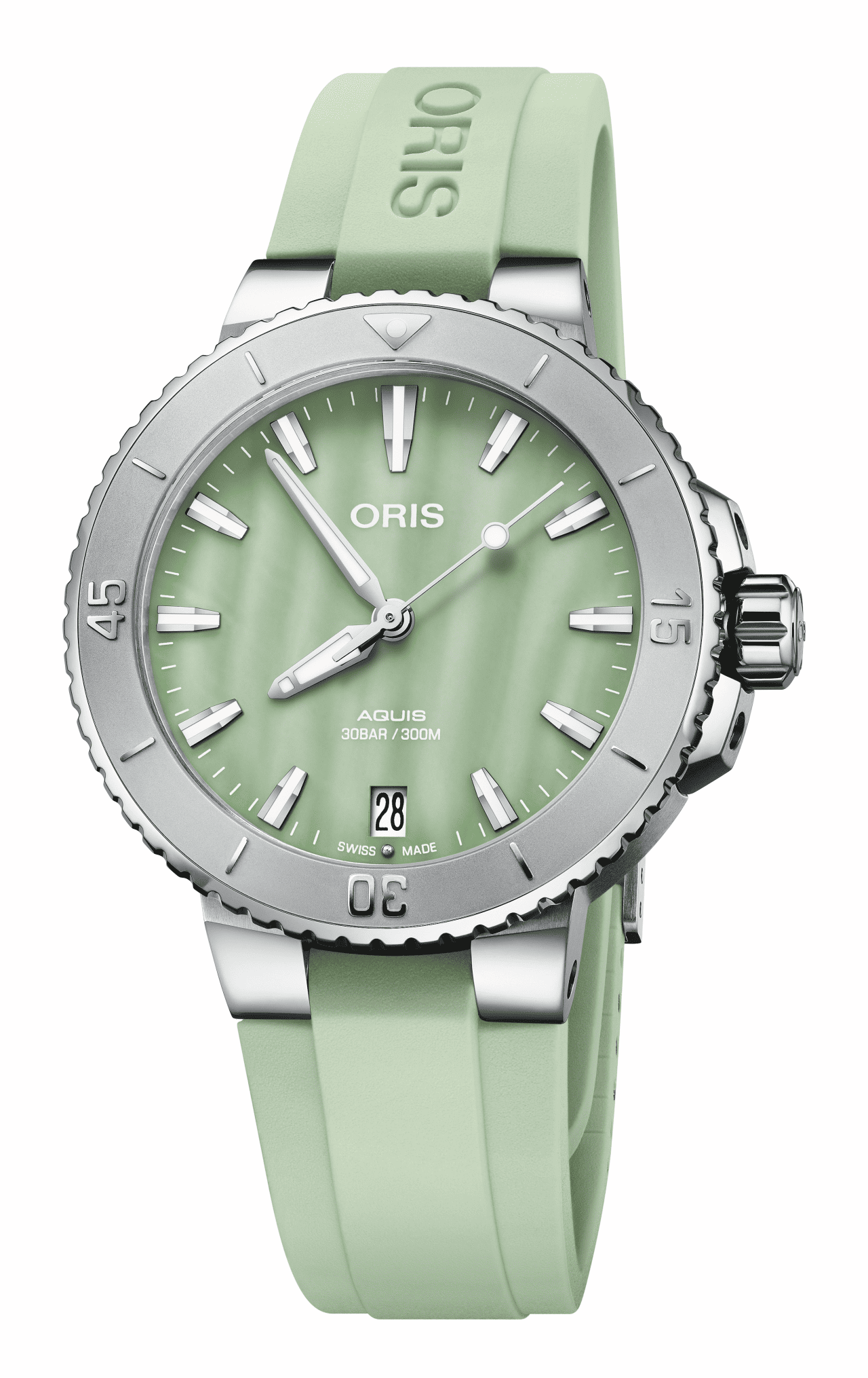 Oris Aquis Date 36,5mm Kautschukband Perlmutt Grün Damenuhr 01 733 7770 4157-07 4 18 67FC