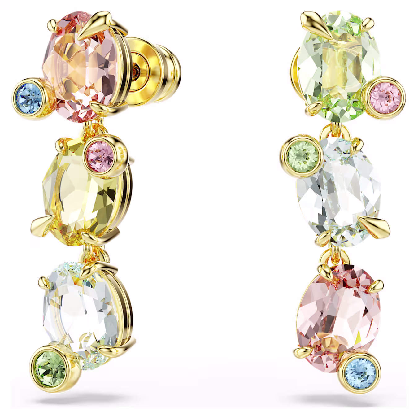 Swarovski Gema Drop Earrings, Asymmetrical Design, Various Cuts, Multicolor, 18k Gold Plated