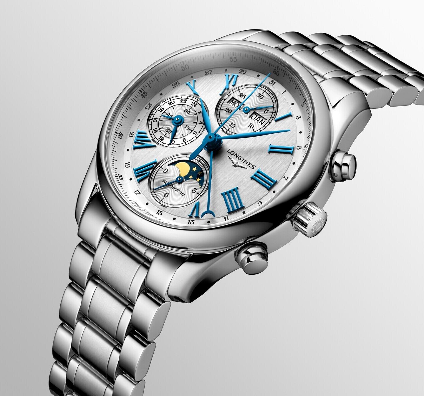 Longines Master Collection Chrono Mondphase Edelstahlband Silber Herrenuhr L2.673.4.71.6