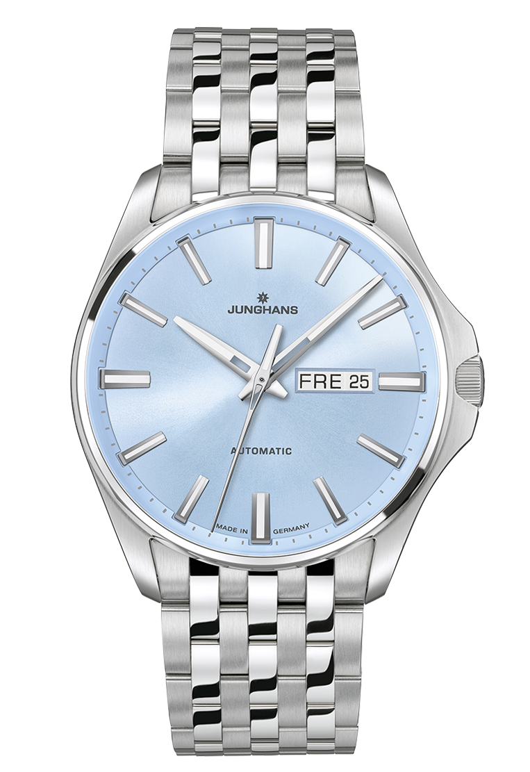 Junghans Meister S Automatic, 44mm, hellblaues Zifferblatt, Edelstahlband Herrenuhr 27/4614.44