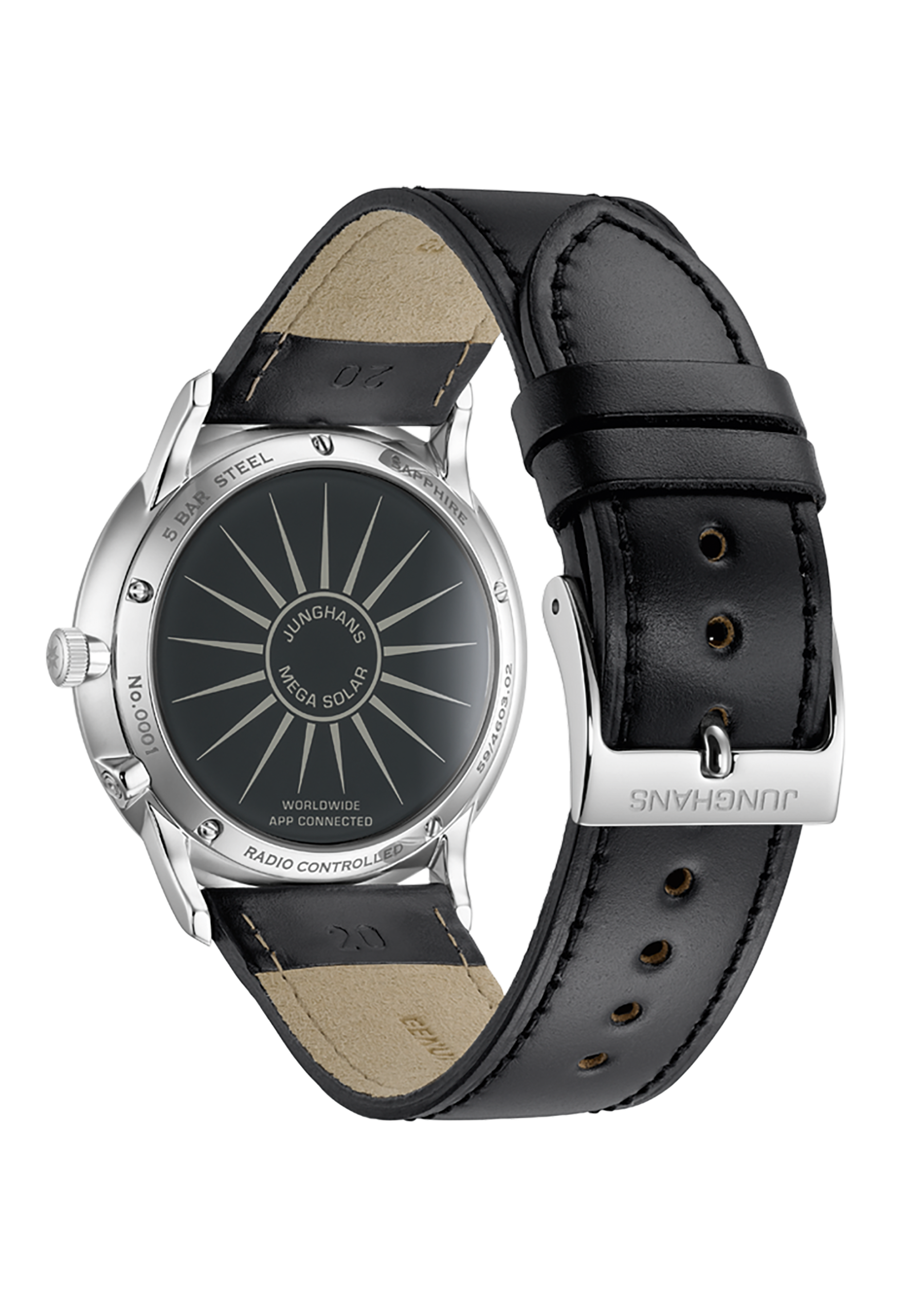 Junghans Meister Mega Solar, Schwarzes Lederband mit Dornschließe, Funk-Solarwerk Herrenuhr 59/4603.02