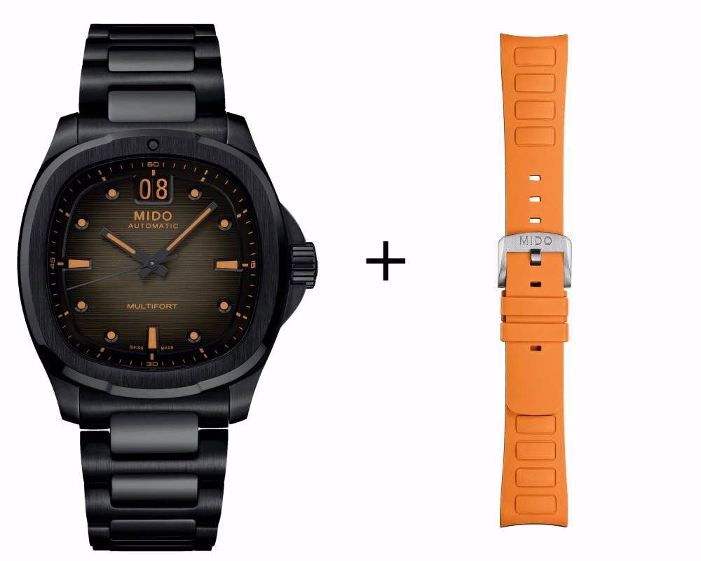 Mido Multifort TV schwarz Big Date Herrenuhr M049.526.33.081.00 Set mit orangenem Kautschukband Mido Multifort TV schwarz Big Date Herrenuhr M049.526.33.081.00 Set mit orangenem Kautschukband