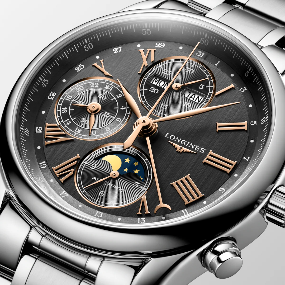 Longines Master Chrono Mondphase Edelstahlband Anthrazit Herrenuhr L2.673.4.61.6