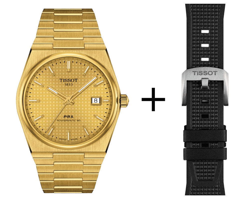 PRX-Set-Gold_Schwarz Tissot PRX Gold Powermatic Men's Watch 80 T137.407.33.021.00 Set with Black Rubber Strap