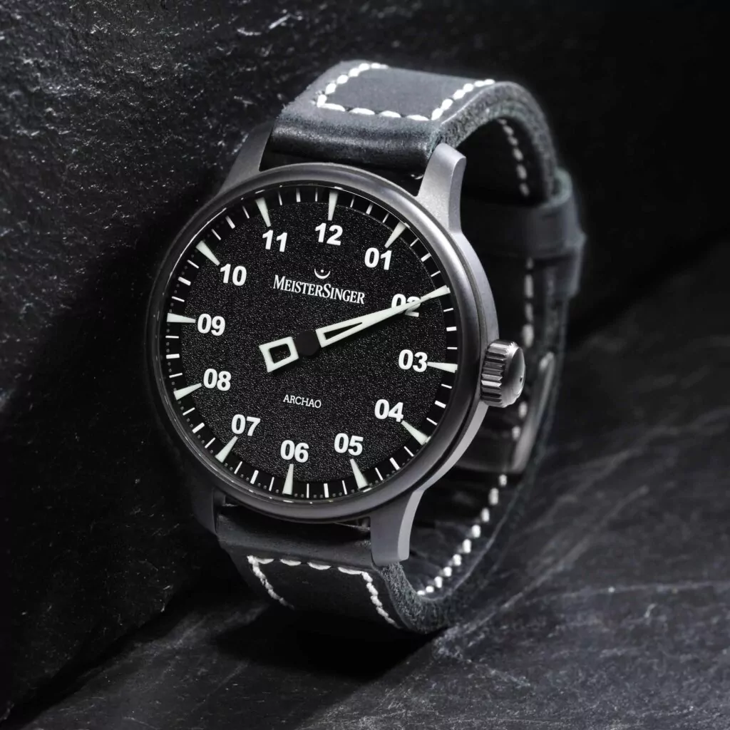 Meister Singer Archao DLC, Schwarz, Automatikwerk, 43 mm, Lederband Herrenuhr AR902BL