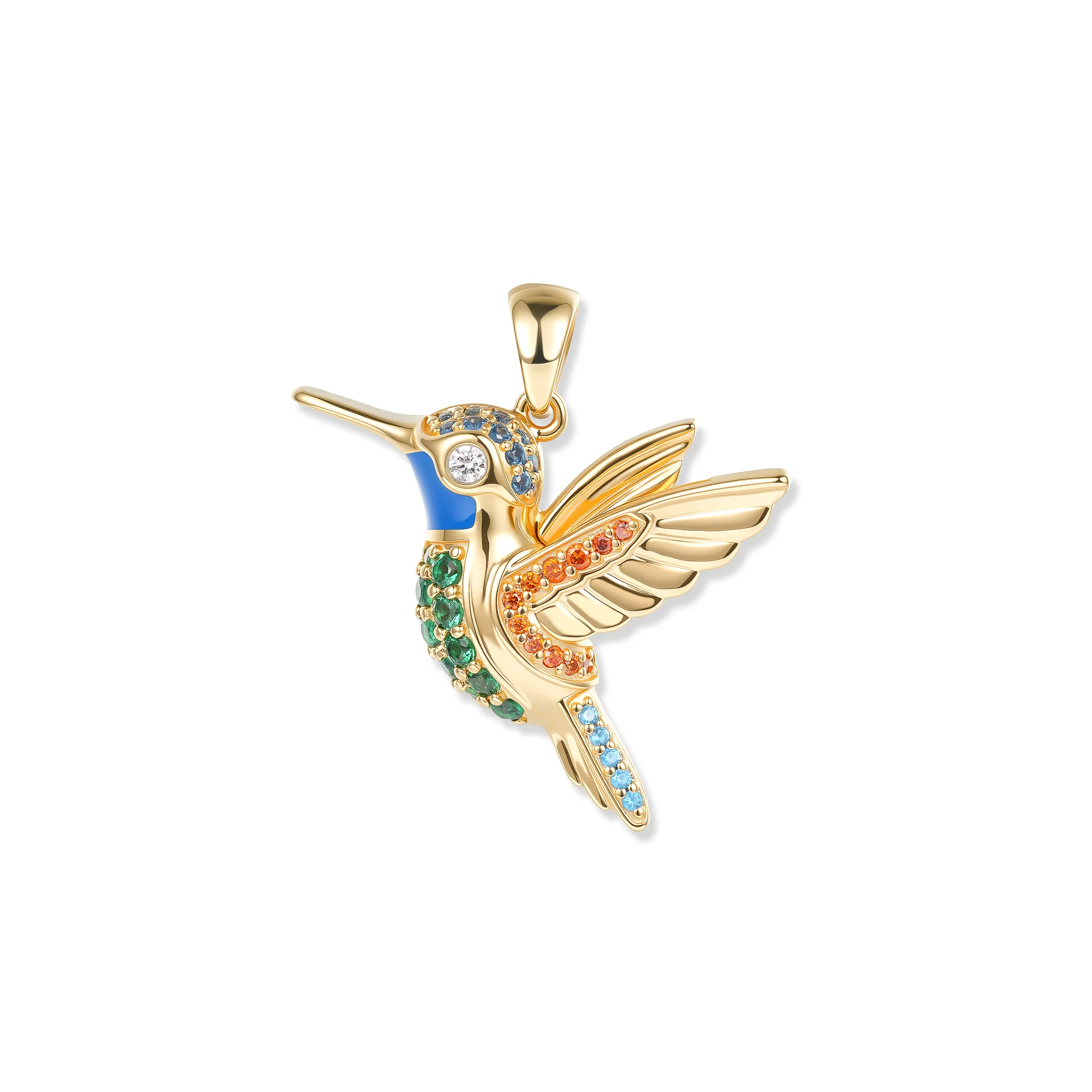 At the time, Nani Hummingbird pendant with green, blue and orange cubic zirconia, 2 x 2.6 cm