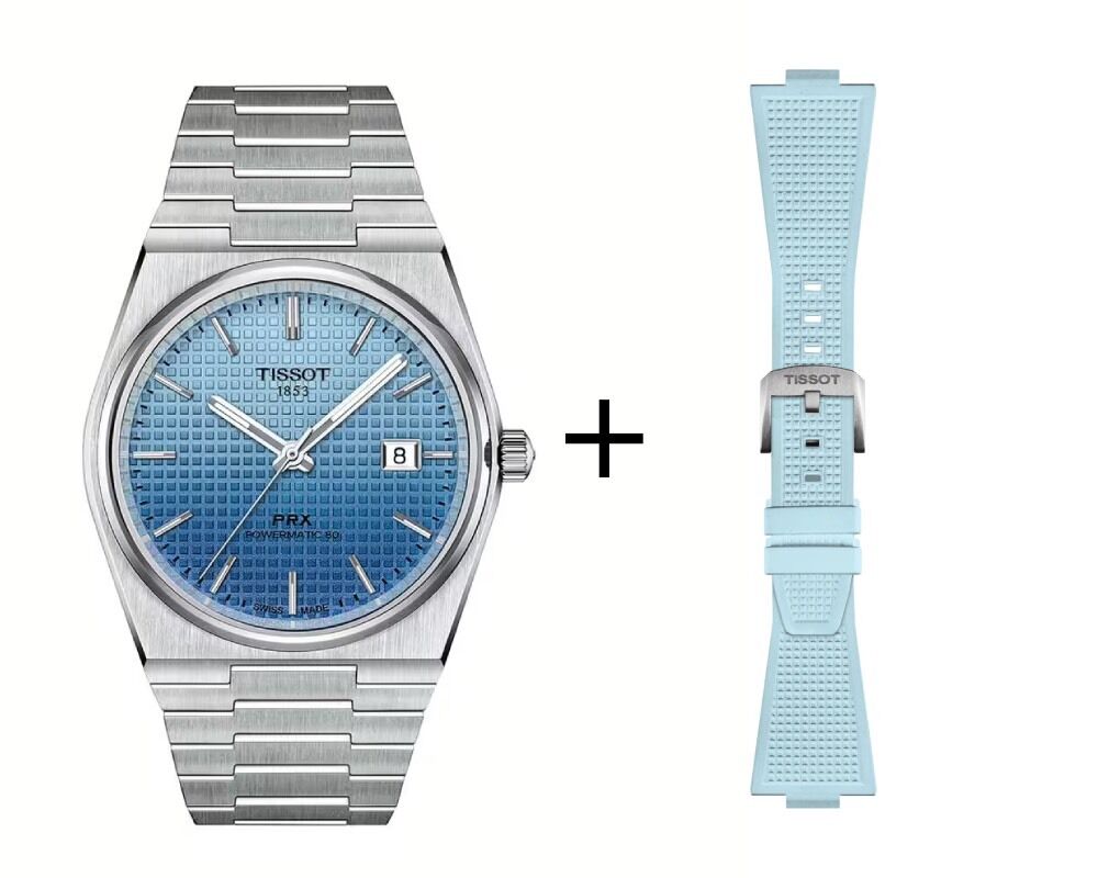 Tissot PRX Gradient Herrenuhr T137.407.11.351.01 Set mit hellblauem Kautschukband