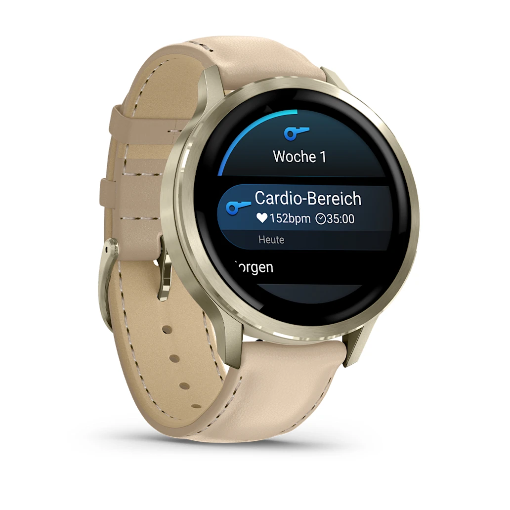 Garmin Venu® 4 - 41 mm Beige/Lunargold mit Schnellwechsel-Leder-Armband 18 mm Heller Sand Unisexuhr 010-03013-03