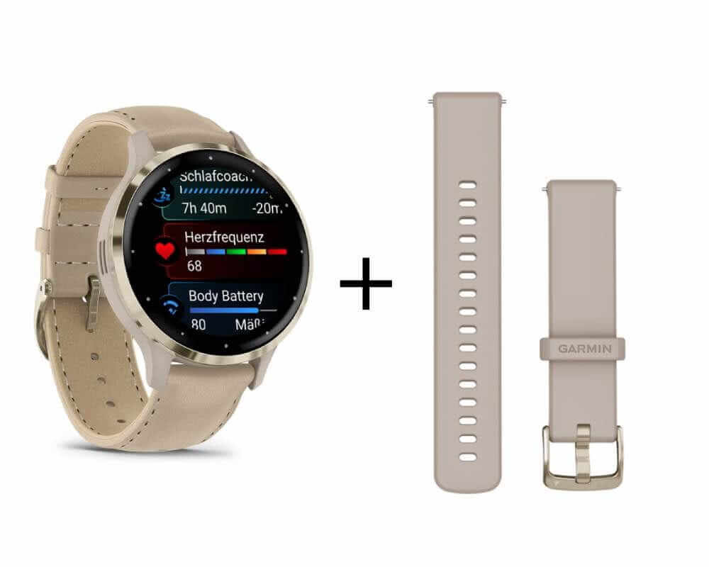 Garmin Venu 3S French Gray/Softgold mit Leder-Armband und Silikonband 010-02785-55