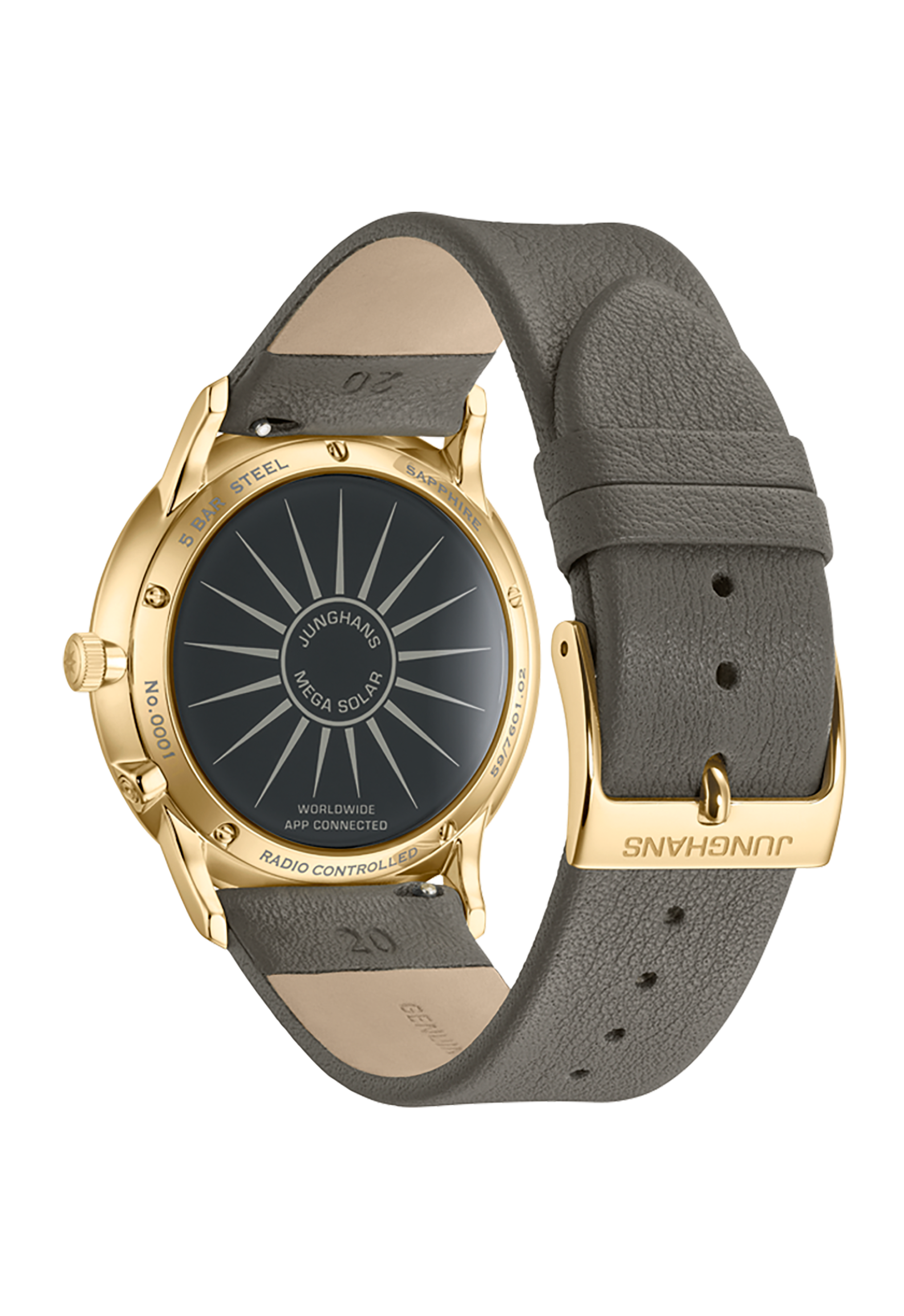 Junghans Meister Mega Solar, Lederband mit Dornschließe, Funk-Solarwerk, Saphirglas Herrenuhr 59/7601.02