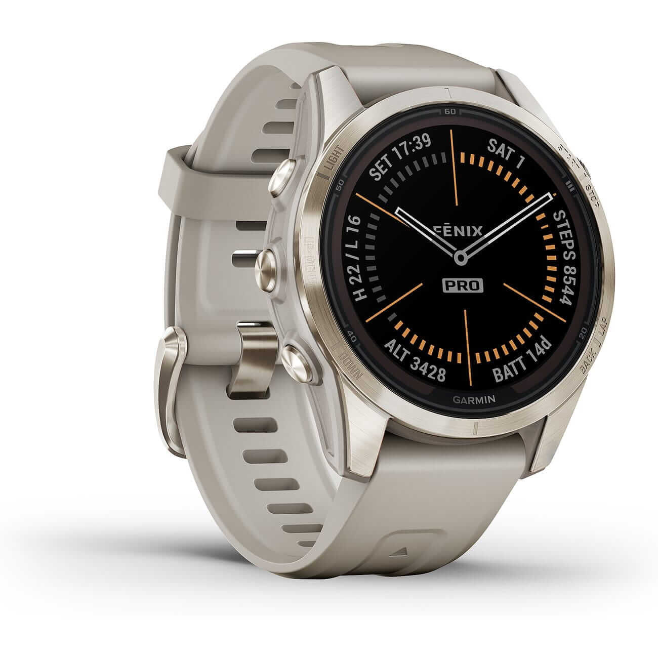 88786271 Garmin fēnix® 7S Pro Sapphire Solar Beige/Softgold mit Lederarmband und Silikonband 010-02776-30