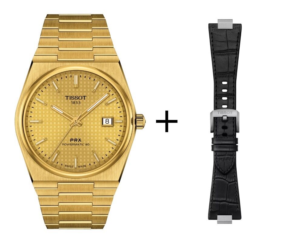 Tissot PRX Gold Powermatic Herrenuhr 80 T137.407.33.021.00 Set mit schwarzem Lederband 