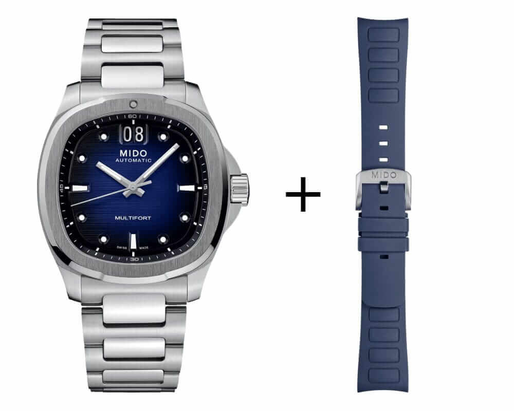 Midi-TV-Set-blau Mido Multifort TV Big Date Herrenuhr M049.526.11.041.00 Set mit blauem Kautschukarmband
