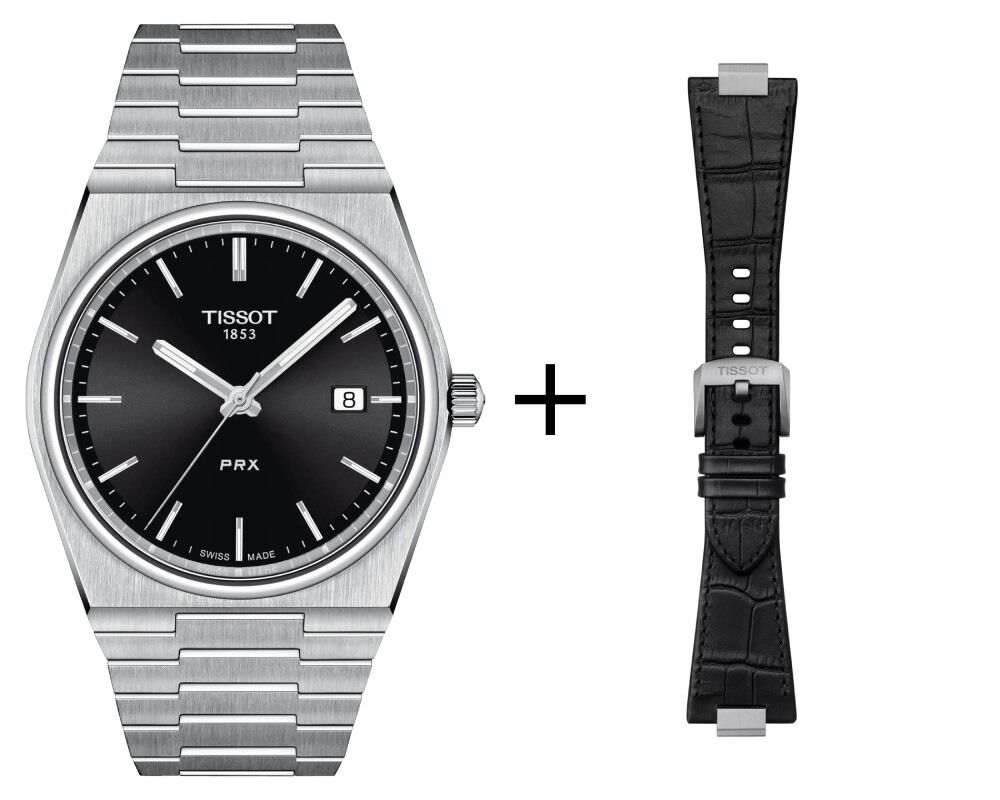 Tissot PRX Herrenuhr Quarz schwarz T137.410.11.051.00 Set mit schwarzen Lederband Krokooptik