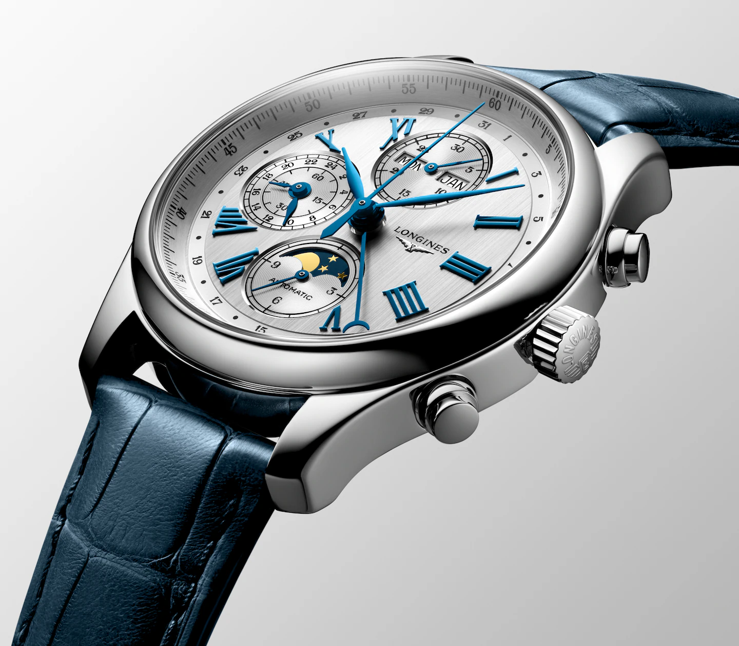 Longines Master Collection Chrono Mondphase Silber Lederband Herrenuhr L2.773.4.71.2