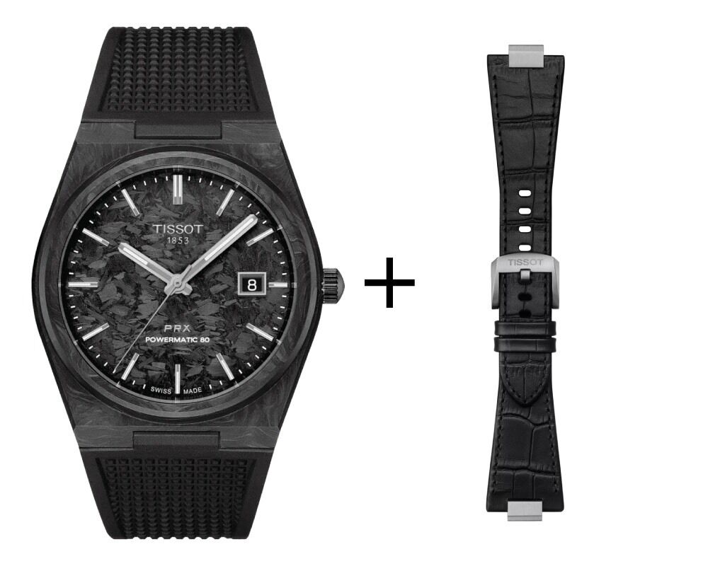 Tissot PRX 80 Herrenuhr CARBON T137.907.97.201.00 Set mit schwarzem Lederband 