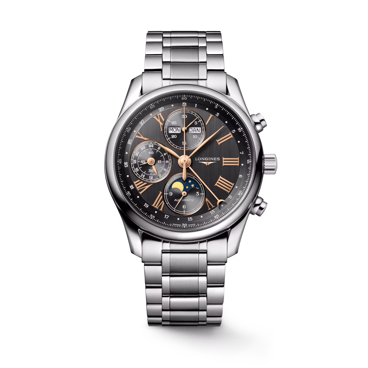 Longines Master Chrono Mondphase Edelstahlband Anthrazit Herrenuhr L2.673.4.61.6