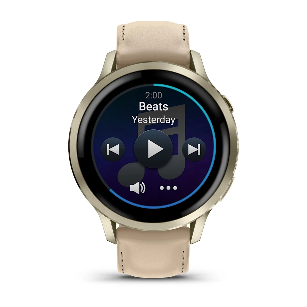 Garmin Venu® 4 - 41 mm Beige/Lunargold mit Schnellwechsel-Leder-Armband 18 mm Heller Sand Unisexuhr 010-03013-03