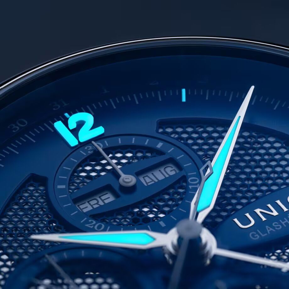 Union Glashütte skelettiertes Zifferblatt blau Belisar Chronograph D014.425.11.042.00
