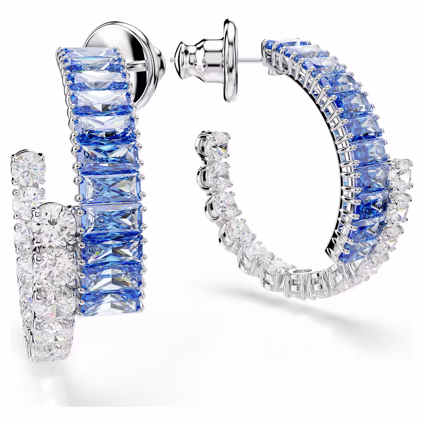 Swarovski Matrix hoop earrings, various cuts, blue, rhodium-plated