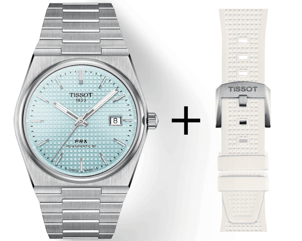 PRX-Set-eisblau-weiss Tissot PRX Powermatic 80 Light Blue T137.407.11.351.00 Set with rubber strap