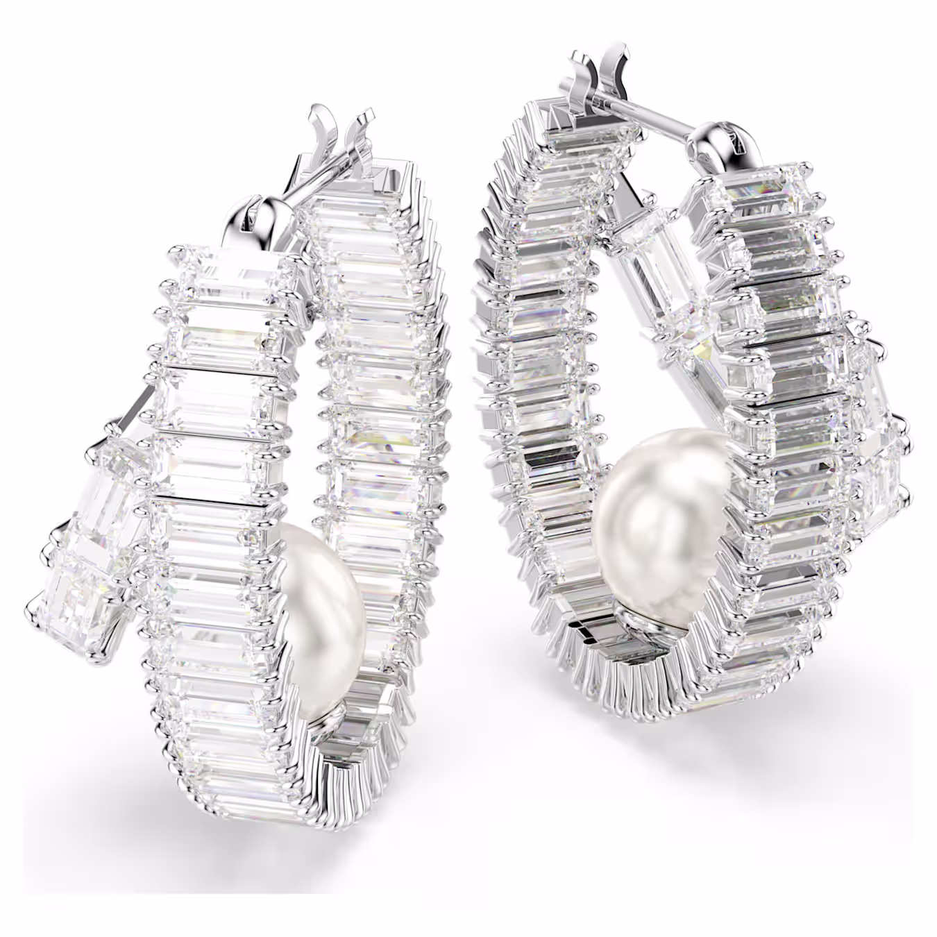 Swarovski Creolen Ariana Grande x Swarovski Kristallperle, Baguette-Schliff, Weiß, Rhodiniert