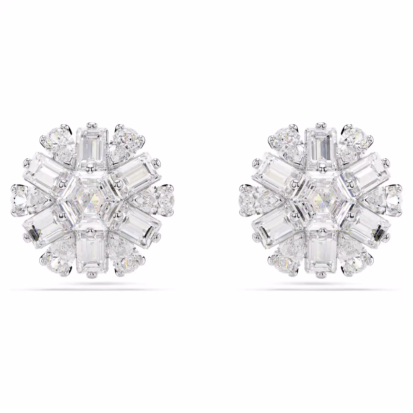Swarovski Idyllia stud earrings, various cuts, snowflake, white, rhodium-plated
