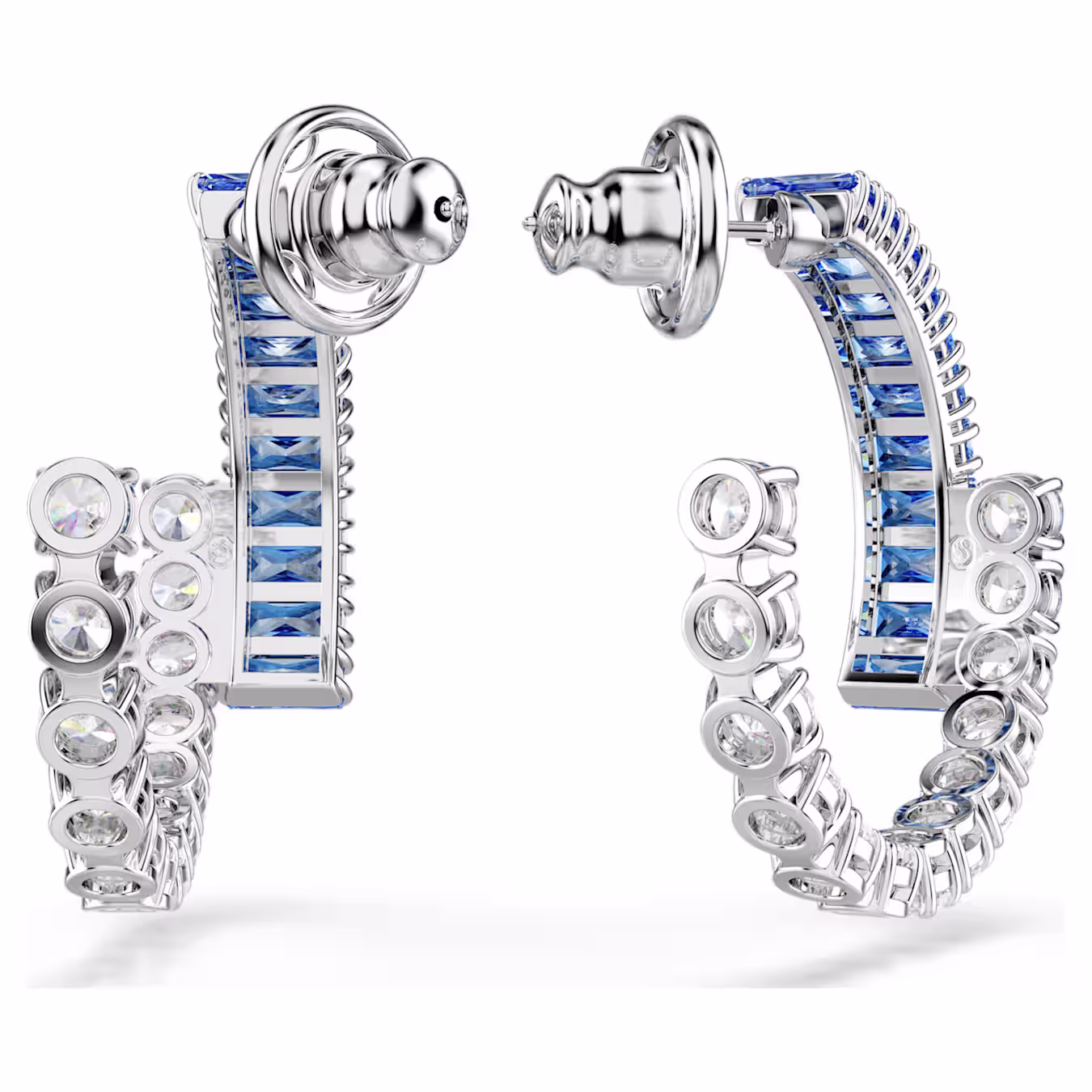 Swarovski Matrix hoop earrings, various cuts, blue, rhodium-plated