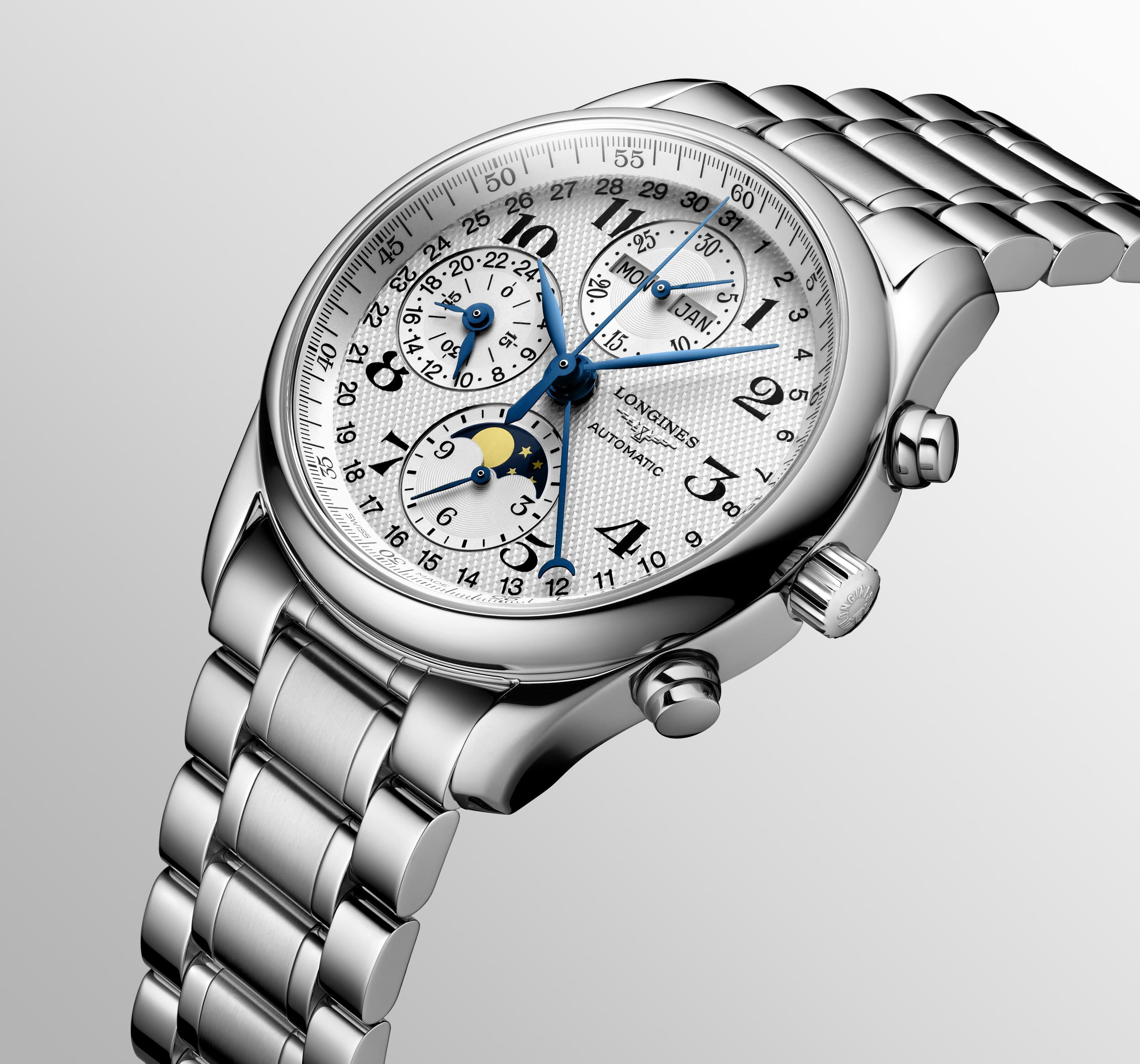 Longines Master Collection Chrono Mondphase Silber Edelstahlband Herrenuhr L2.673.4.78.6