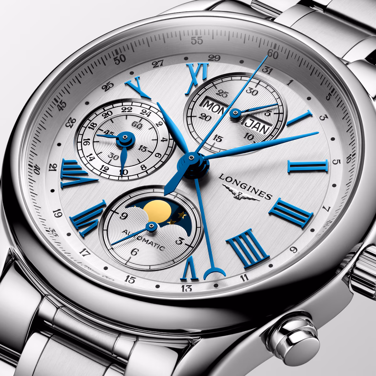 Longines Master Collection Chrono Mondphase Edelstahlband Silber Herrenuhr L2.673.4.71.6