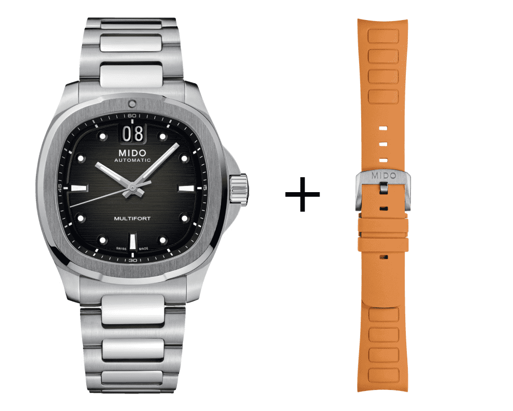 Mido-TV-Set-orange Mido Multifort TV Big Date Herrenuhr M049.526.11.081.00 Set mit orangenem Kautschukarmband