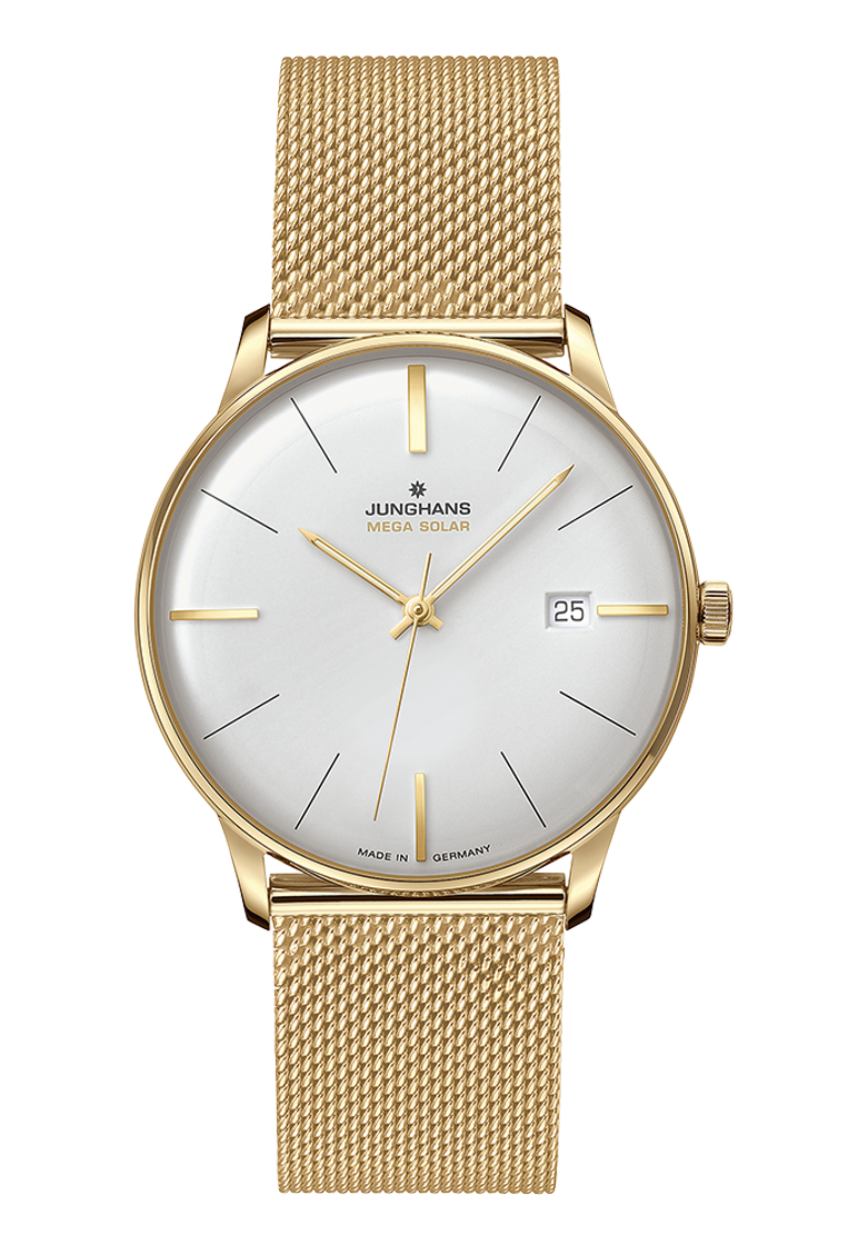Junghans Meister MEGA Solar, Funk-Solarwerk, 38 mm, Milanaiseband Gold Herrenuhr 59/7600.46