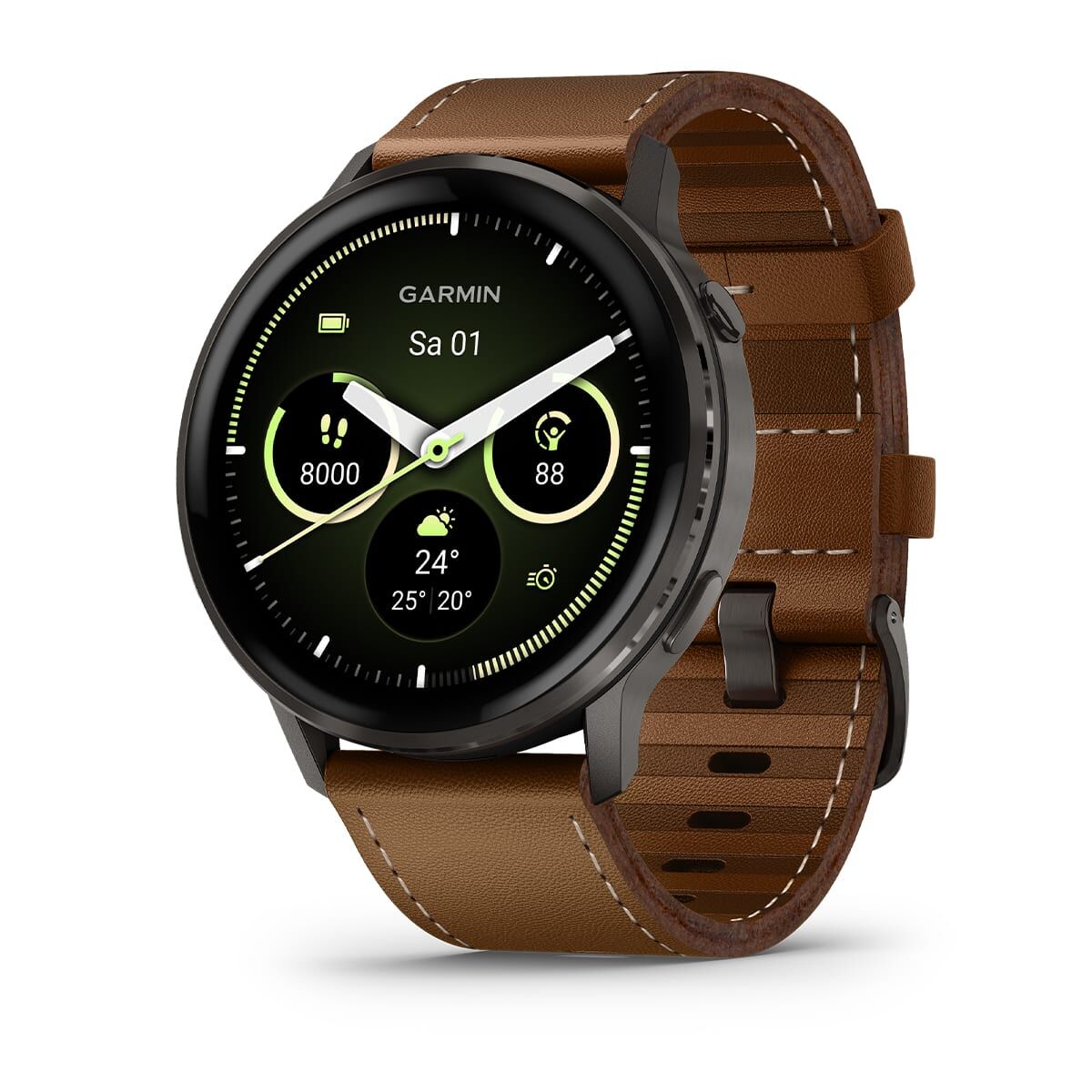 Garmin Venu® 4 - 45 mm Schwarz/Schiefergrau mit Schnellwechsel-Leder-Armband 22 mm Dunkelbraun Unisexuhr 010-03014-03