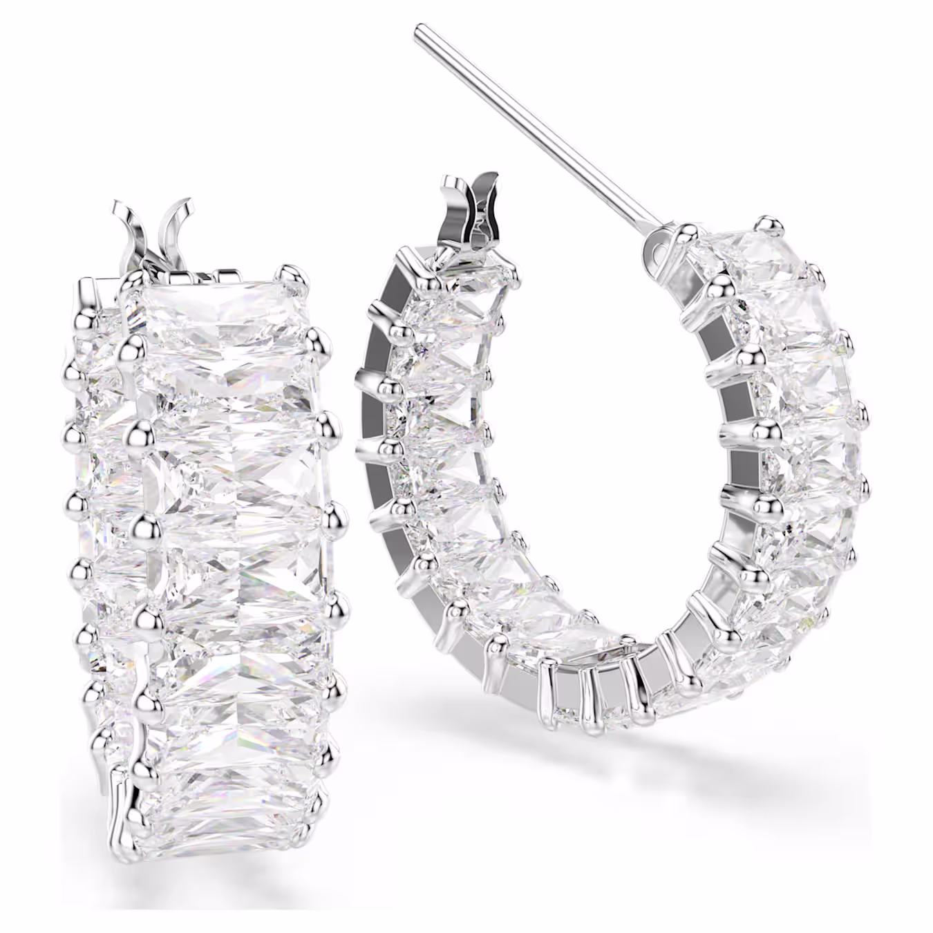 Swarovski Matrix Hoop Earrings Baguette Cut, White, Rhodium Plated