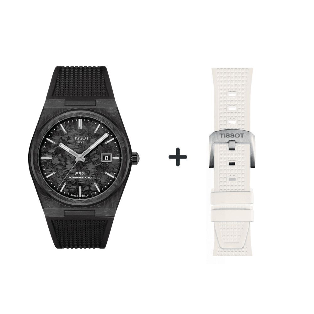 Tissot PRX 80 Herrenuhr CARBON T137.907.97.201.00 Set mit weißen Silikonband Tissot PRX 80 Herrenuhr CARBON T137.907.97.201.00 Set mit weißen Silikonband