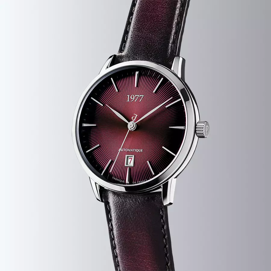 1977 EDMOND Automatique, 40 MM, Cadran Lie-de-vin, Bracelet Cuir Lie-de-vin Men's Watch 1977P01155