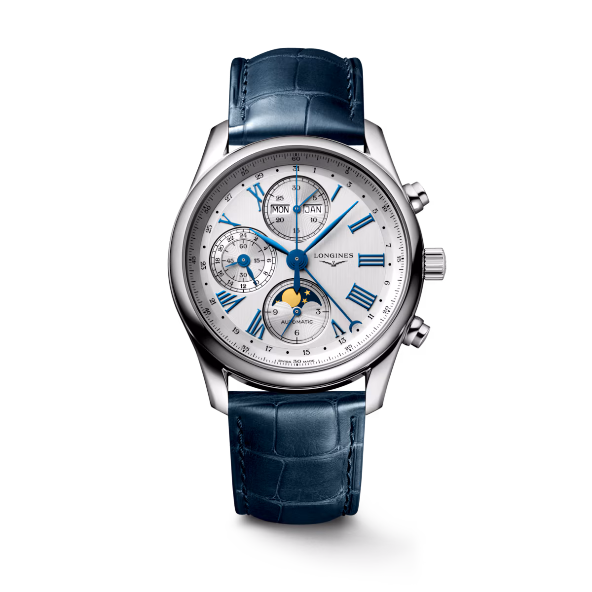 Longines Master Collection Chrono Mondphase Silber Lederband Herrenuhr L2.673.4.71.2