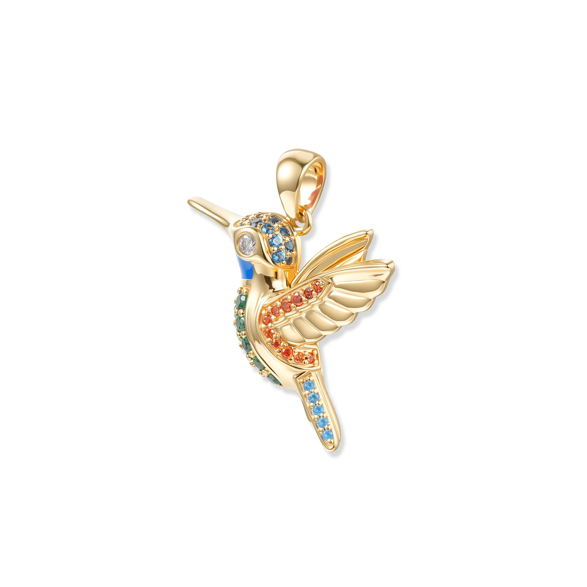 At the time, Nani Hummingbird pendant with green, blue and orange cubic zirconia, 2 x 2.6 cm